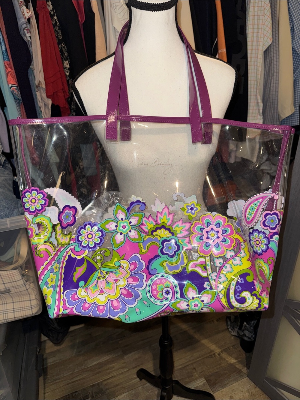 Vera Bradley Clear Vinyl Floral Paisley Large Beach Tote Purple